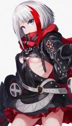 Rule 34 | 1girl, admiral graf spee (azur lane), azur lane, belt, blue eyes, blush, breasts, clothing cutout, cross, dress, highres, long sleeves, looking at viewer, marshall k, multicolored hair, open mouth, red hair, ribs, scarf, short hair, sidelocks, silver hair, simple background, small breasts, solo, streaked hair, underboob cutout, white background, white belt
