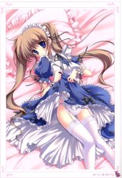 Rule 34 | 1girl, absurdres, bed, blue eyes, brown hair, clothes lift, frilled pillow, frills, garter belt, highres, lace, lace-trimmed legwear, lace trim, lying, maid, maid headdress, mitsui mana, panties, pillow, skirt, skirt lift, solo, thighhighs, twintails, underwear, upskirt, white panties, white thighhighs, wrist cuffs