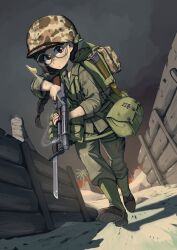 Rule 34 | 1girl, absurdres, alternate costume, bayonet, black hair, braid, brown eyes, camouflage headwear, chest rig, closed mouth, commentary, dirty, dirty face, english commentary, erica (naze1940), fukuda haru, girls und panzer, glasses, green jacket, green pants, gun, hair tie, helmet, highres, holding, holding gun, holding weapon, jacket, long hair, long sleeves, looking at viewer, low twin braids, low twintails, military, combat helmet, military uniform, original, pants, pump action, round eyewear, shotgun, sleeves rolled up, smoke, solo, standing, trench, twin braids, twintails, uniform, united states marine corps, weapon, winchester model 1897, world war ii