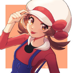 Rule 34 | 1girl, :p, blue overalls, bow, brown eyes, brown hair, cabbie hat, creatures (company), game freak, hat, hat bow, highres, looking at viewer, lyra (pokemon), moegi itsukashi, nintendo, overalls, pokemon, pokemon hgss, red bow, red shirt, shirt, solo, tongue, tongue out, twintails, upper body, white hat