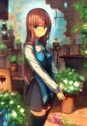 Rule 34 | 1girl, apron, black skirt, black thighhighs, blue eyes, blunt bangs, blush, brick wall, brown hair, chair, cupboard, eyebrows, flower, flower pot, forest, full-face blush, lamp, lantern, light smile, long hair, long sleeves, looking at viewer, nature, oil lamp, original, petals, plant, potted plant, ribbed sweater, ruins, shovel, skirt, sky, solo, standing, sunlight, sweater, table, thighhighs, tree, turtleneck, wooden floor, worktool, yoshitake, zettai ryouiki