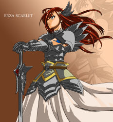 Rule 34 | 1girl, armor, armored dress, belt, erza scarlet, fairy tail, gauntlets, hair over one eye, highres, ko-&gt;u, long hair, red hair, solo, sonic12399, sword, weapon, zoom layer