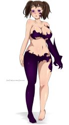 Rule 34 | 1girl, breasts, brown hair, cleavage, corruption, demon girl, diane (nanatsu no taizai), empty eyes, enetheligthingdancer, feet, full body, highres, large breasts, mind control, nanatsu no taizai, navel, nude, purple eyes, solo, standing, twintails