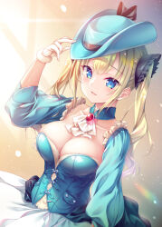 Rule 34 | 1girl, ascot, black ribbon, blonde hair, blue corset, blue eyes, blue hat, blue skirt, breasts, cleavage, commentary request, corset, detached sleeves, frilled sleeves, frills, fur-trimmed gloves, fur trim, gem, gloves, hand on headwear, hat, hat ribbon, highres, large breasts, lens flare, light particles, long hair, looking at viewer, original, red gemstone, ribbon, skirt, smile, solo, sunlight, twintails, white ascot, white gloves, yuurei yashiki