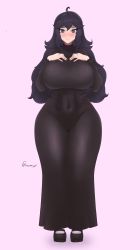 Rule 34 | 1girl, absurdres, ahoge, alternate breast size, black dress, blush, breasts, creatures (company), curvy, dress, fraankyy, full body, game freak, hands on own chest, hex maniac (pokemon), highres, huge breasts, long dress, long hair, looking at viewer, messy hair, nail polish, nintendo, pokemon, pokemon xy, purple eyes, purple hair, smile, socks, solo, standing, thick thighs, thighs, wide hips