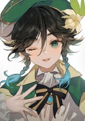 Rule 34 | 1boy, beret, black bow, black bowtie, black hair, blue gemstone, blue hair, bow, bowtie, braid, capelet, collared shirt, fingernails, flower, gem, genshin impact, gradient hair, green capelet, green eyes, green hat, hair between eyes, hand up, hat, hat flower, hat ornament, highres, leaf, leaf hat ornament, long sleeves, looking at viewer, male focus, multicolored hair, one eye closed, open mouth, shirt, short hair, simple background, smile, solo, striped bow, striped bowtie, striped clothes, teeth, tongue, twin braids, upper body, venti (genshin impact), white background, white flower, white shirt, zishengtian123