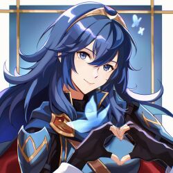 1girl armor bikini_boody black_gloves blue_eyes blue_hair bug butterfly cape closed_mouth commentary english_commentary fingerless_gloves fire_emblem fire_emblem_awakening gloves hair_between_eyes heart heart_hands highres insect long_hair looking_at_viewer lucina_(fire_emblem) nintendo shoulder_armor smile solo tiara upper_body