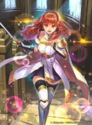Rule 34 | 1girl, armor, bare shoulders, cape, celica (fire emblem), dress, fingerless gloves, fire emblem, fire emblem echoes: shadows of valentia, gloves, hmk84, long hair, nintendo, official art, open mouth, red eyes, red hair, smile, solo, thighhighs, tiara, watermark