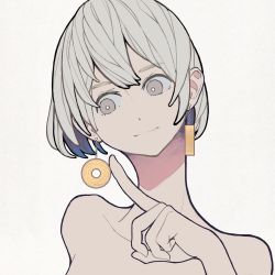 Rule 34 | 1girl, mismatched earrings, bare shoulders, bob cut, closed mouth, hand up, head tilt, highres, looking away, o-ring, original, poking, portrait, short hair, sideways glance, sikikazuto, simple background, smile, solo, white background, white hair