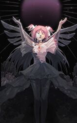 Rule 34 | 1girl, absurdres, arms up, black background, chinese commentary, closed eyes, closed mouth, commentary request, dress, hair ribbon, highres, kaname madoka, long hair, mahou shoujo madoka magica, mahou shoujo madoka magica (anime), petrification, pink dress, pink hair, ribbon, shao ziye, short sleeves, solo, thighhighs, two side up, ultimate madoka, white ribbon, wings
