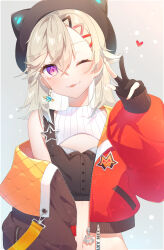 Rule 34 | 1girl, ;p, animal ear headwear, black gloves, black headwear, black shirt, blonde hair, blush, brown jacket, crop top, cropped jacket, facial mark, fake animal ears, fang, flat chest, gloves, hair between eyes, hair ornament, hairclip, heart, highres, jacket, komori met, long sleeves, looking at viewer, medium hair, multicolored clothes, multicolored jacket, navel, nea 369, off shoulder, one eye closed, open clothes, open jacket, orange jacket, partially fingerless gloves, partially unbuttoned, planet earrings, puffy long sleeves, puffy sleeves, purple eyes, red jacket, ribbed shirt, shirt, simple background, single bare shoulder, smile, solo, tongue, tongue out, triangle facial mark, virtual youtuber, vspo!, w, white background, white shirt, zipper, zipper pull tab
