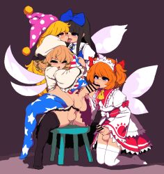 Rule 34 | 4girls, american flag print, american flag shirt, bar censor, black hair, black thighhighs, blonde hair, blue bow, blue eyes, blush, bow, brown hair, censored, closed eyes, clothed sex, clownpiece, dress, erection, fellatio, french kiss, full-package futanari, futa with futa, futanari, futanari masturbation, group sex, hair bow, hat, headdress, hug, jester cap, kiss, kneeling, large penis, long hair, long sleeves, luna child, masturbation, multiple girls, namako daibakuhatsu, no shoes, open mouth, oral, orange hair, penis, pixel art, print shirt, reverse suspended congress, sex, sex from behind, short hair, simple background, sitting, star sapphire, stool, sunny milk, testicles, thighhighs, tongue, tongue out, touhou, white dress, white thighhighs, wide sleeves