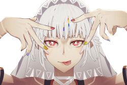 Rule 34 | 1girl, :p, altera (fate), arms up, bare shoulders, blue nails, blunt bangs, fate/grand order, fate (series), fingernails, forehead protector, grey hair, i-pan, long fingernails, looking at viewer, nail polish, pose imitation, red eyes, red nails, short hair, smile, solo, tongue, tongue out, upper body, veil, yellow nails