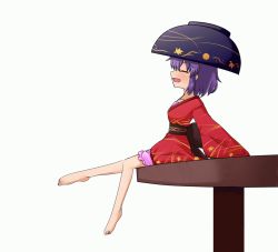 Rule 34 | 1girl, animated, animated gif, barefoot, bowl, bowl hat, closed eyes, collarbone, feet, floral print, full body, happy, hat, japanese clothes, kimono, legs, long sleeves, md5 mismatch, mono60, mono (mono60), open mouth, purple hair, sash, simple background, sitting, sitting on object, smile, solo, sukuna shinmyoumaru, table, toes, touhou, ugoira, white background, wide sleeves