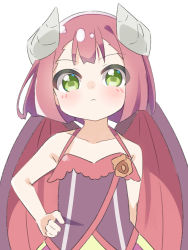 Rule 34 | 1girl, bare arms, bare shoulders, blush, brown hair, closed mouth, collarbone, commentary request, demon girl, demon horns, demon wings, dress, endro!, green eyes, hand on own hip, highres, horns, kapuru 0410, looking at viewer, mao (endro!), purple dress, red wings, short hair, simple background, sleeveless, sleeveless dress, solo, white background, wings