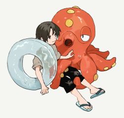 Rule 34 | 1boy, black eyes, black pants, brown hair, capri pants, child, closed mouth, commentary request, creatures (company), flip-flops, game freak, gen 2 pokemon, grey background, grey shirt, innertube, male focus, newo (shinra-p), nintendo, octillery, pants, pokemon, pokemon (creature), sandals, shirt, short hair, short sleeves, simple background, sitting, smile, swim ring, t-shirt, toes, wet