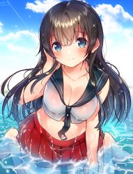 Rule 34 | 1girl, agano (kancolle), anchor symbol, arm up, black neckwear, black sailor collar, blue eyes, blue sky, blush, breasts, cleavage, closed mouth, cloud, cloudy sky, collarbone, commentary request, crop top, day, fingernails, groin, hair between eyes, hand in own hair, ichihaya, in water, kantai collection, large breasts, long hair, midriff, ocean, outdoors, pleated skirt, red skirt, sailor collar, school uniform, serafuku, shirt, sitting, skirt, sky, sleeveless, sleeveless shirt, smile, solo, very long hair, wariza, wet, wet hair, white shirt