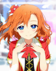 Rule 34 | 10s, 1girl, blue eyes, blush, bokura no live kimi to no life, bow, braid, brown hair, hair ornament, hands on own chest, kosaka honoka, looking at viewer, love live!, love live! school idol project, ogipote, puffy sleeves, shirt, short sleeves, single braid, smile, solo, upper body