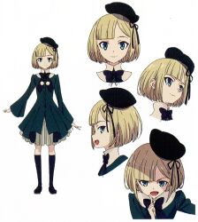 Rule 34 | 1girl, alternate hairstyle, blonde hair, blue eyes, character sheet, dress, fate/grand order, fate (series), hat, looking at viewer, lord el-melloi ii case files, non-web source, official art, reines el-melloi archisorte, short hair, smile