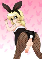 Rule 34 | 1girl, absurdres, against wall, anal, anal object insertion, anal tail, animal ears, ass, blonde hair, blush, breasts, chinese zodiac, dard drak, erection, fake animal ears, fake tail, fishnet pantyhose, fishnets, from behind, full-package futanari, futanari, hidamari sketch, highres, large breasts, long hair, looking at viewer, looking back, miyako (hidamari sketch), new year, object insertion, pantyhose, penis, pink background, rabbit ears, rabbit tail, see-through, smile, solo, tail, testicles, year of the rabbit