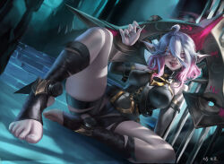 Rule 34 | 1girl, absurdres, ahoge, arm strap, artist name, belt, black belt, breasts, briar (league of legends), colored sclera, commentary, fcek7244, feet, fingernails, fog, full body, gradient hair, grey hair, highres, knee up, league of legends, long hair, looking at viewer, medium breasts, multicolored hair, no pupils, no shoes, outdoors, pink hair, pointy ears, red sclera, shadow, sharp fingernails, sharp teeth, sidelocks, sitting, smile, soles, solo, spread legs, stairs, stirrup legwear, sunglasses, teeth, toeless legwear, toenails, toes, tongue, tongue out, two-tone hair, vampire, white eyes, wrist cuffs