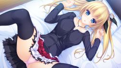 Rule 34 | 1girl, black bow, black shirt, black thighhighs, blonde hair, blue eyes, bow, collarbone, female focus, frilled skirt, frills, game cg, hair bow, hair ornament, highres, jewelry, long hair, long sleeves, looking at viewer, necklace, on bed, open mouth, panties, pink panties, pleated skirt, shirt, skirt, solo, tenmaso, thighhighs, tsukioka izumi, twintails, underwear, usotsuki ouji to nayameru ohime-sama