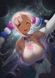 Rule 34 | 1girl, :d, armpits, bare shoulders, blue ribbon, blue skirt, blush, breasts, collarbone, dark-skinned female, dark skin, dress, elbow gloves, gloves, hair bobbles, hair ornament, halter dress, halterneck, highres, hololive, hololive english, large breasts, leotard, long hair, looking at viewer, neck ribbon, open mouth, planet, planet hair ornament, ribbon, sash, see-through, showgirl skirt, sideboob, skirt, smile, solo, space, star (sky), tsukumo sana, tsukumo sana (1st costume), twintails, unsfrau, very long hair, virtual youtuber, white dress, white gloves, white hair, yellow eyes