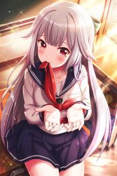 Rule 34 | 1girl, alternative girls, biting, blue skirt, blush, bound, bound wrists, chalkboard, classroom, closed mouth, day, highres, indoors, long hair, looking at viewer, official art, red eyes, school uniform, shirt, skirt, solo, usui miyuki, white hair, white shirt