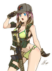 Rule 34 | 1girl, armband, bikini, blue eyes, breasts, cleavage, eotech, gloves, gradient hair, gun, hat, kws, load bearing vest, looking at viewer, medium breasts, multicolored hair, navel, o-ring, o-ring bottom, open mouth, original, purple hair, rifle, short hair, solo, swimsuit, weapon, yellow bikini