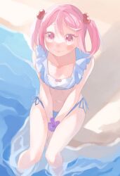 Rule 34 | 1girl, bikini, blue bikini, breasts, feet out of frame, hair bobbles, hair ornament, highres, kantai collection, official alternate costume, pink eyes, pink hair, sazanami (kancolle), scrunchie, short hair, side-tie bikini bottom, sitting, small breasts, solo, suppaman (rfjy), swimsuit, twintails, v arms, wrist scrunchie