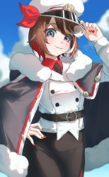 Rule 34 | 1girl, azusa (azunyan12), belt, black cloak, black necktie, black skirt, blue eyes, blue sky, blurry, brown hair, buttons, cloak, cloud, collared shirt, curly hair, day, depth of field, double-breasted, fur-trimmed cloak, fur trim, hair ribbon, hand on headwear, hand up, hat, highres, hood, hood down, hooded cloak, jacket, long sleeves, looking at viewer, meiko, meiko (vocaloid), multicolored hair, nail polish, necktie, o-ring, peaked cap, pencil skirt, red hair, red nails, red ribbon, red shirt, ribbon, shirt, short hair, skirt, sky, smile, solo, streaked hair, unbuttoned, vocaloid, white hair, white hat, white jacket, yuki meiko