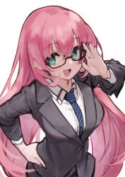 Rule 34 | 1girl, adjusting eyewear, black-framed eyewear, breasts, collared shirt, commentary, formal, glasses, green eyes, grey jacket, hair between eyes, hand on own hip, hand up, highres, jacket, large breasts, long hair, long sleeves, mist train girls, necktie, open mouth, pink hair, puerto rico (mist train girls), shirt, simple background, smile, solo, tomisaka yorui, upper body, very long hair, white background, white shirt