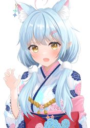 Rule 34 | 1girl, :d, absurdres, ahoge, animal ear fluff, animal ears, blue flower, blue hair, blush, breasts, cat ears, commentary request, earrings, fang, floral print, flower, hair ornament, hairpin, hand up, heart, heart ahoge, highres, hololive, japanese clothes, jewelry, kemonomimi mode, kimono, long hair, looking at viewer, low twintails, medium breasts, obi, onabe no shime, open mouth, pink flower, pointy ears, sash, simple background, single earring, skin fang, sleeves past elbows, smile, solo, twintails, upper body, virtual youtuber, white background, wide sleeves, yellow eyes, yukihana lamy, yukihana lamy (new year)