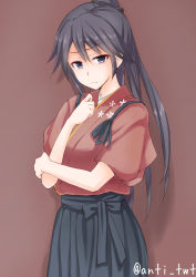 Rule 34 | 10s, 1girl, aged down, anti (untea9), artist name, black hair, black ribbon, black skirt, blue eyes, blush, brown background, closed mouth, cowboy shot, frown, hair ribbon, hakama, hakama skirt, hand on own arm, hand on own chest, highres, houshou (kancolle), japanese clothes, kantai collection, kimono, long hair, long skirt, looking at viewer, ponytail, ribbon, short sleeves, simple background, skirt, solo, tsurime, very long hair
