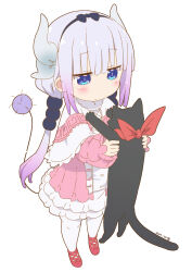 Rule 34 | 1girl, animal, black bow, black cat, blue eyes, blush, bow, capelet, cat, closed mouth, commentary request, company connection, crossover, dragon girl, dragon horns, dress, gradient hair, hair bow, hair ornament, hairband, highres, holding, holding animal, holding cat, horns, jitome, kanna kamui, kobayashi-san chi no maidragon, long hair, long sleeves, multicolored hair, nichijou, pink dress, purple hair, red footwear, sakamoto (nichijou), samansa ex, shoes, solo, standing, tail, thighhighs, twintails, two-tone hair, white background, white hair