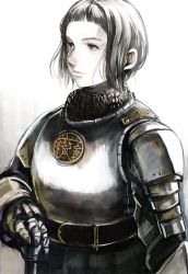 Rule 34 | androgynous, armor, bad id, bad tumblr id, belt, black hair, breastplate, dog, gauntlets, gender request, hand on hilt, hiro (chumo), looking away, looking to the side, original, pauldrons, short hair, shoulder armor, simple background, solo, sword, upper body, weapon, white background, yellow eyes