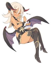 Rule 34 | 1girl, birthday, blade (galaxist), blonde hair, blush, boots, breasts, cleavage, cleavage cutout, clothing cutout, cupcake, dark elf, dark skin, dark-skinned female, demon girl, demon horns, demon wings, dress, earrings, eating, elf, fake horns, fake wings, food, fork, full body, holding, horns, invisible chair, jenna kirsty, jewelry, crossed legs, long hair, official art, open clothes, orange eyes, plate, pointy ears, pop-up story, short dress, simple background, sitting, solo, spoon, thigh boots, thighhighs, white background, wings