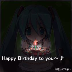 Rule 34 | alcohol, animated, animated gif, aqua eyes, aqua hair, blush, cake, candle, cream, dark, detached, detached sleeves, eeeeee, fang, food, fruit, glass, happy birthday, hatsune miku, long hair, lowres, necktie, pastry, solo, strawberry, translation request, twintails, vocaloid, wine