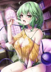 Rule 34 | 1girl, absurdres, ahoge, blush, book, bookshelf, breasts, cleavage, cleavage cutout, clothing cutout, collarbone, dress, fingernails, food, green eyes, green hair, green nails, highres, holding, holding food, indoors, komeiji koishi, large breasts, nail polish, off-shoulder shirt, off shoulder, open mouth, popsicle, shirt, short hair, short sleeves, solo, suggestive fluid, third eye, tongue, tongue out, touhou, yamataka, yellow dress