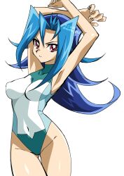 Rule 34 | 1girl, armpits, arms up, blue hair, breasts, covered navel, cowboy shot, curvy, highleg, highleg swimsuit, highres, kamishiro rio, knhrpnkt, long hair, looking at viewer, medium breasts, multicolored hair, one-piece swimsuit, red eyes, solo, swimsuit, two-tone hair, very long hair, white background, wide hips, yu-gi-oh!, yu-gi-oh! zexal