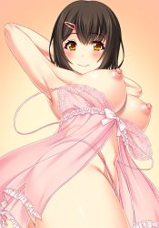 Rule 34 | 1girl, arms behind head, babydoll, bad id, bad pixiv id, black hair, blush, bow, breasts, brown eyes, closed mouth, commentary request, foreshortening, frills, from below, gradient background, hair ornament, hairclip, large breasts, lingerie, looking at viewer, looking down, navel, nipples, nosa, original, panties, pink bow, pink panties, puffy nipples, see-through, short hair, smile, solo, spaghetti strap, stomach, strap slip, tareme, thighs, underwear, underwear only, yellow background