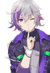 Rule 34 | 1boy, ;), absurdres, black jacket, black shirt, commentary request, fuwa minato, grey hair, hair between eyes, hand up, highres, index finger raised, jacket, looking at viewer, male focus, multicolored hair, nijisanji, one eye closed, open clothes, open jacket, purple eyes, purple hair, red hair, shiino sera, shirt, signature, simple background, smile, solo, streaked hair, upper body, virtual youtuber, white background