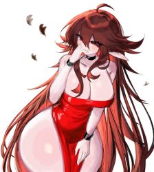 Rule 34 | 1girl, ahoge, black choker, blush, breasts, brown hair, choker, cleavage, dress, elf, friday night funkin&#039;, girlfriend (friday night funkin&#039;), heart, large breasts, long hair, pointy ears, red dress, red eyes, solo, strapless, strapless dress, thick thighs, thighs, usa37107692