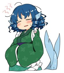 Rule 34 | 1girl, blue hair, blush, closed eyes, fins, green kimono, head fins, ini (inunabe00), japanese clothes, kimono, long sleeves, mermaid, monster girl, open mouth, short hair, simple background, solo, touhou, upper body, wakasagihime, white background, wide sleeves