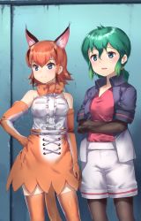 Rule 34 | 2girls, aged up, animal ears, bare shoulders, belt, black hair, blue eyes, blush, bow, bowtie, caracal (kemono friends), center frills, commentary request, cowboy shot, cross-laced clothes, crossed arms, elbow gloves, frills, gloves, green hair, hair tie, highres, jacket, kaban (kemono friends), kemono friends, kemono friends 2, pantyhose under shorts, light brown hair, long hair, multicolored hair, multiple girls, no headwear, pantyhose, ponytail, short sleeves, shorts, sleeveless, tadano magu, tail, thighhighs, traditional bowtie, zettai ryouiki