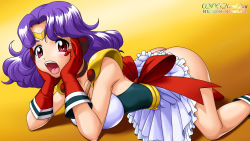 Rule 34 | 1990s (style), 1girl, :o, ai tenshi densetsu wedding peach, artist name, bad id, bad pixiv id, bow, choker, frills, gloves, head rest, highres, kawanami hiromi, looking at viewer, magical girl, onoe, orange background, panties, purple hair, red bow, red eyes, red gloves, retro artstyle, shoulder pads, skirt, solo, tiara, tongue, underwear, watermark, web address, white panties, white skirt