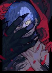 Rule 34 | black skin, blood, blood on hands, blue hair, colored sclera, colored skin, covering face, cuts, earrings, ecrsin, fingernails, hand on another&#039;s shoulder, hand up, head tilt, ikemen kamen amaimask, injury, jewelry, long fingernails, looking at viewer, male focus, mismatched sclera, motion blur, nail polish, one-punch man, outside border, parted lips, peeking through fingers, petals, portrait, red nails, red skin, sharp fingernails, sharp teeth, short hair, solo focus, spoilers, sweet mask, teeth, wrinkled skin, yellow eyes, yellow sclera