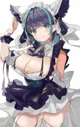 Rule 34 | 1girl, azur lane, blue eyes, blue hair, blush, breasts, cheshire (azur lane), cleavage, commentary request, cowboy shot, earrings, eyes visible through hair, highres, jewelry, large breasts, looking at viewer, purple hair, satoupote, simple background, skirt, solo, thighhighs, white background