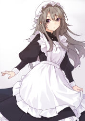 Rule 34 | 1girl, alternate costume, apron, apron hold, black dress, brown eyes, commentary request, dress, enmaided, feet out of frame, frilled apron, frills, gradient background, grey hair, hair ornament, hairclip, haruna (kancolle), hat, kantai collection, looking at viewer, maid, mitsuyo (mituyo324), mob cap, solo, white apron, white background
