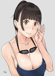 Rule 34 | 1girl, 506 (studio 506), breasts, brown eyes, brown hair, cleavage, collarbone, face, goggles, goggles around neck, large breasts, one-piece swimsuit, original, ponytail, signature, simple background, smile, solo, swimsuit